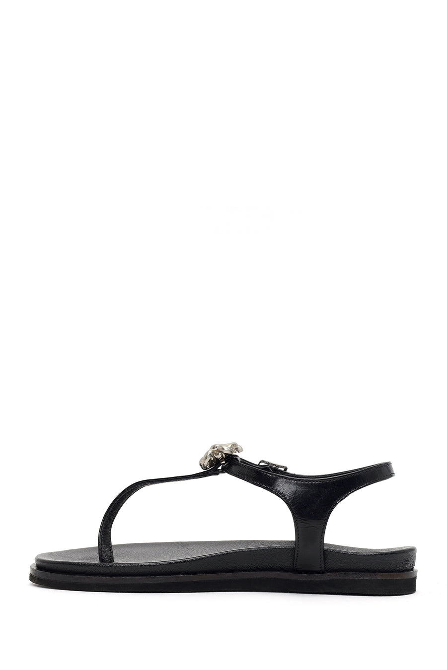 Women's Black Buckle Thong Leather Sandals