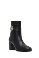 Women's Black Zippered Thick Heeled Leather Boot | Derimod