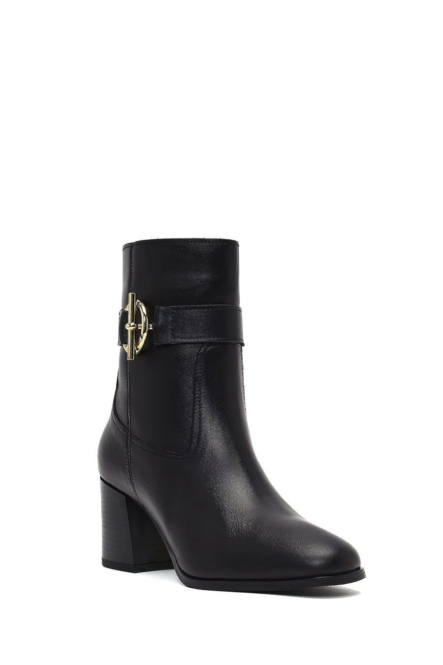 Women's Black Zippered Thick Heeled Leather Boot
