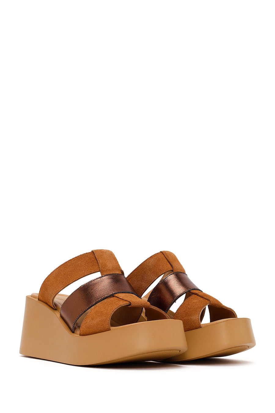 Woman Tan Wedge-Heel Suede Leather Comfort Slippers