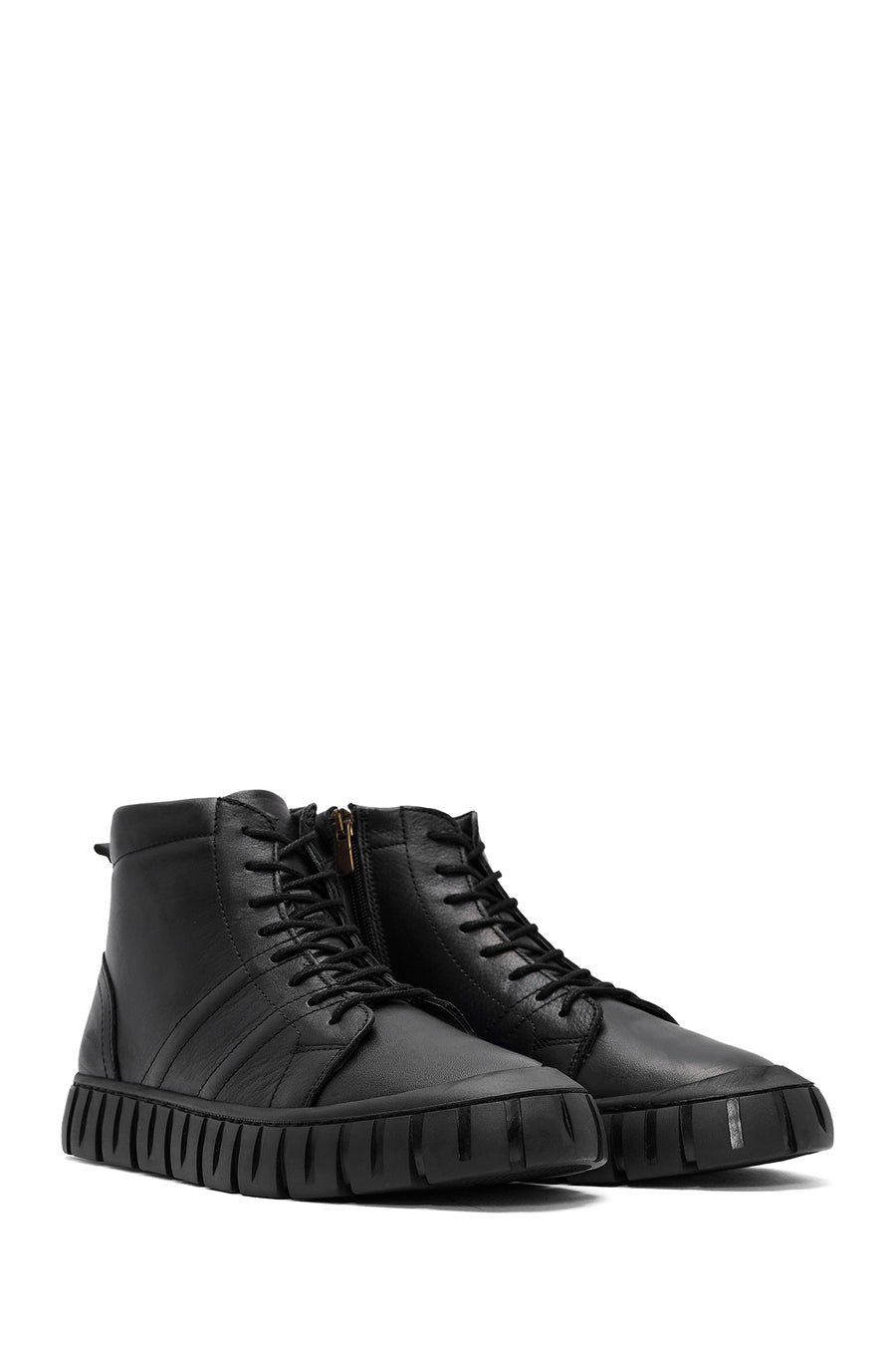 Men's Black Zippered Lace-Up Leather Boots