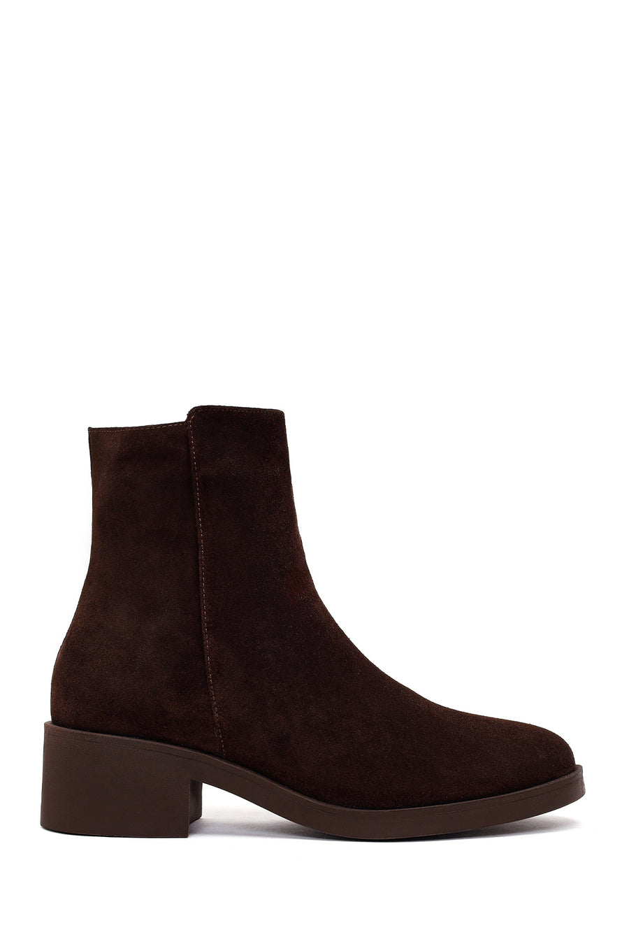 Woman Brown Zip Closure Chunky Heeled Suede Boots WF220008DS | Derimod