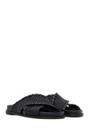 Woman Black Knitted Patterned Leather Slipper | Derimod
