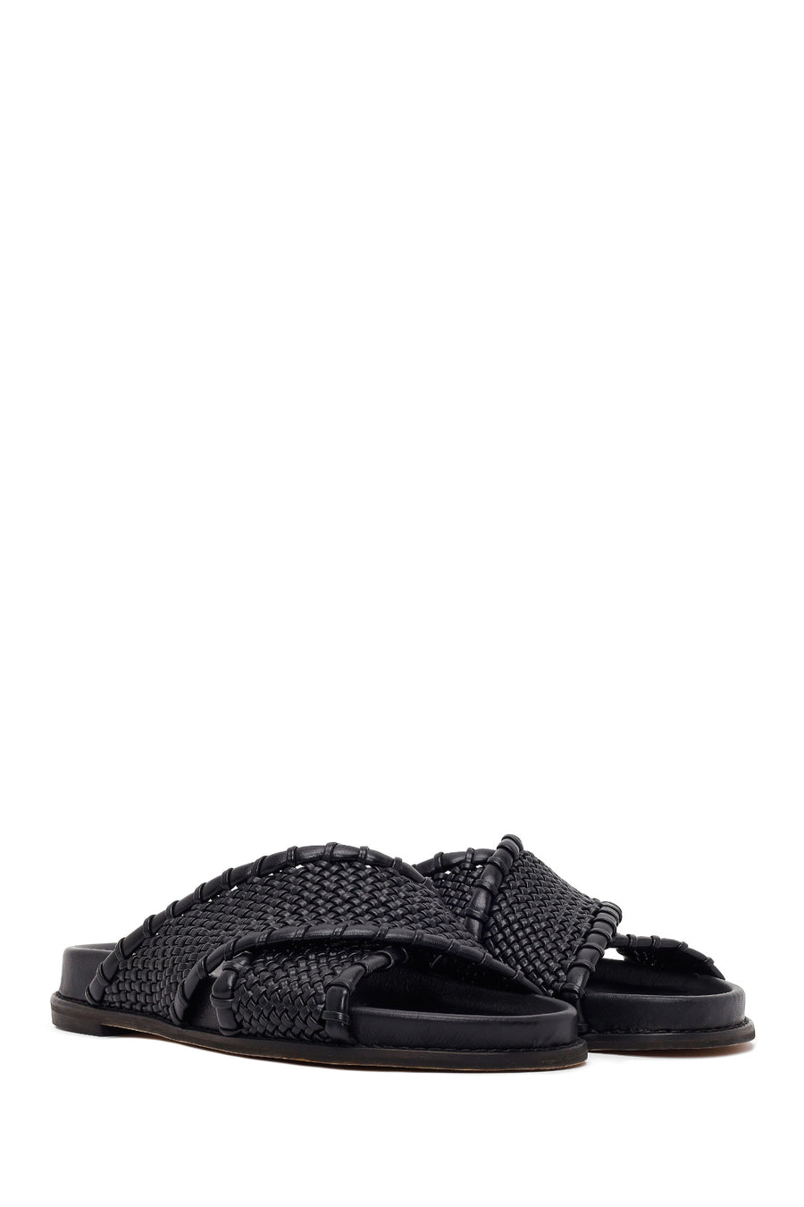 Woman Black Knitted Patterned Leather Slipper