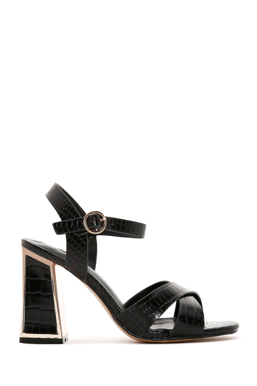 Women's Black Ankle Strap Thick Heel Crocodile Sandals 26SFE4622E3 | Derimod