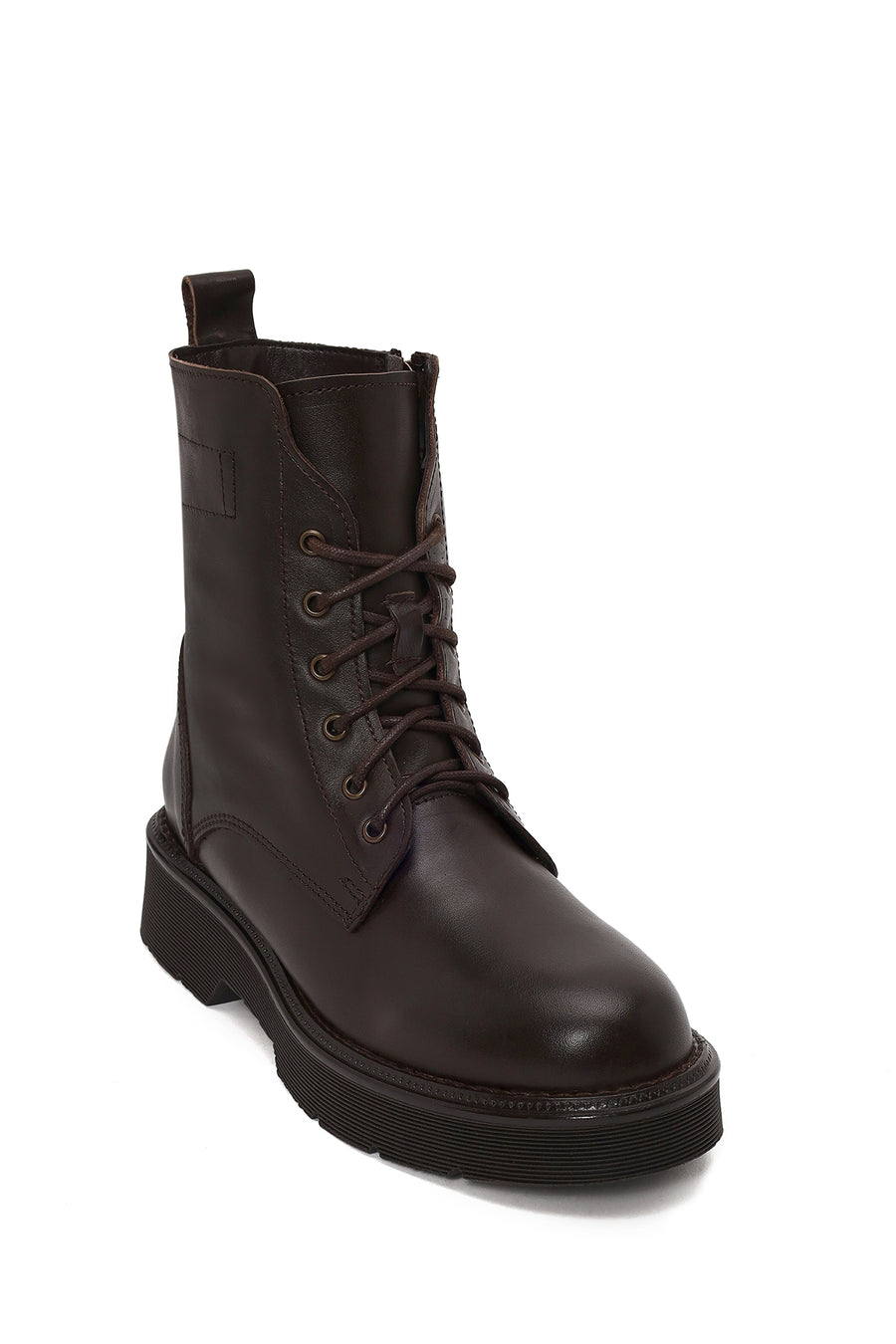Woman Brown Zip Closure Thick-Soled Leather Combat Boots