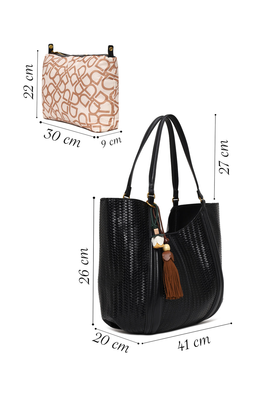 Woman Black Accessorized Printed Shoulder Bag