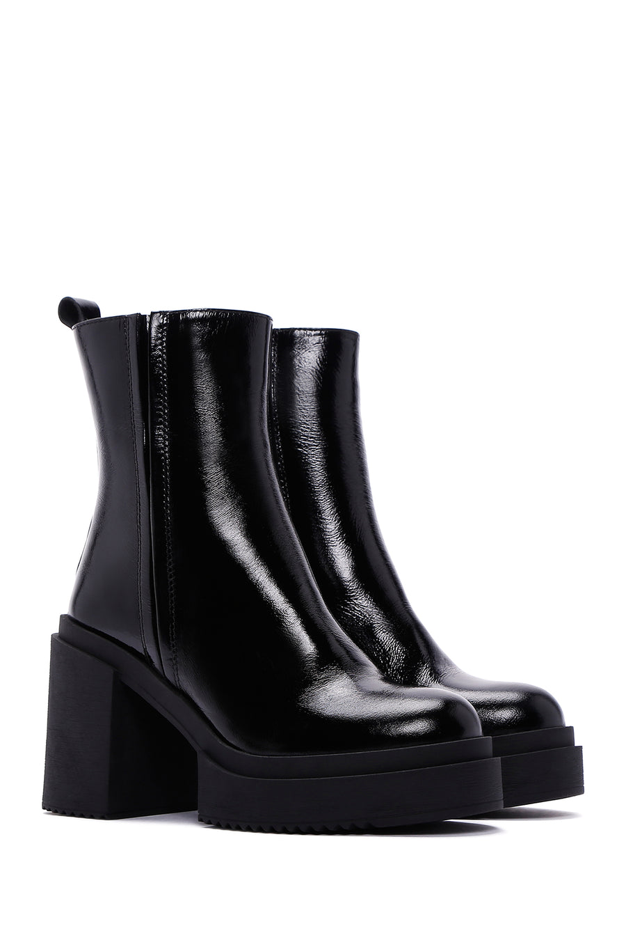 Women's Black Patent Leather Heeled Chelsea Boots