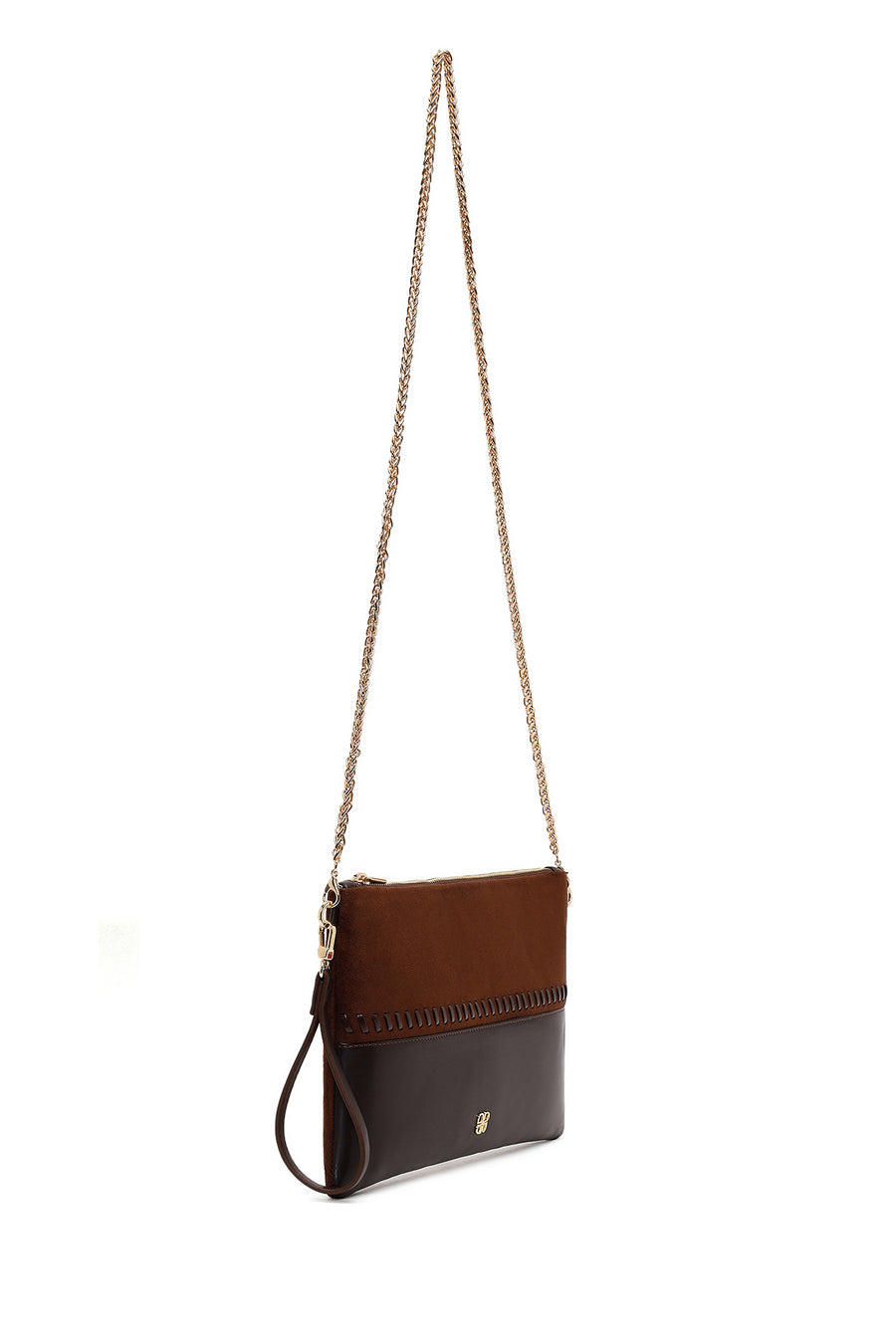 Woman Brown Chain Strap Braided Clutch Bag
