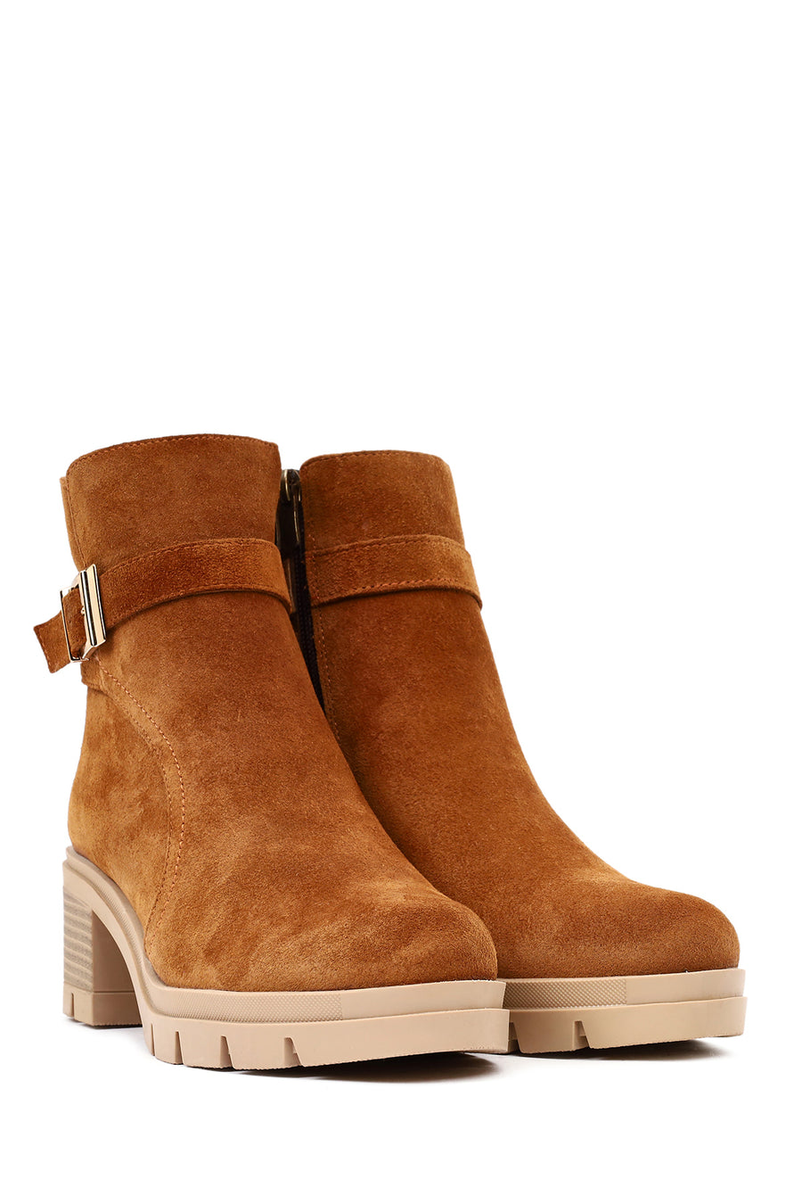 Women's Tan Thick Heeled Zippered Suede Leather Boot