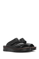 Woman Black Double Banded Leather Comfort Slippers | Derimod