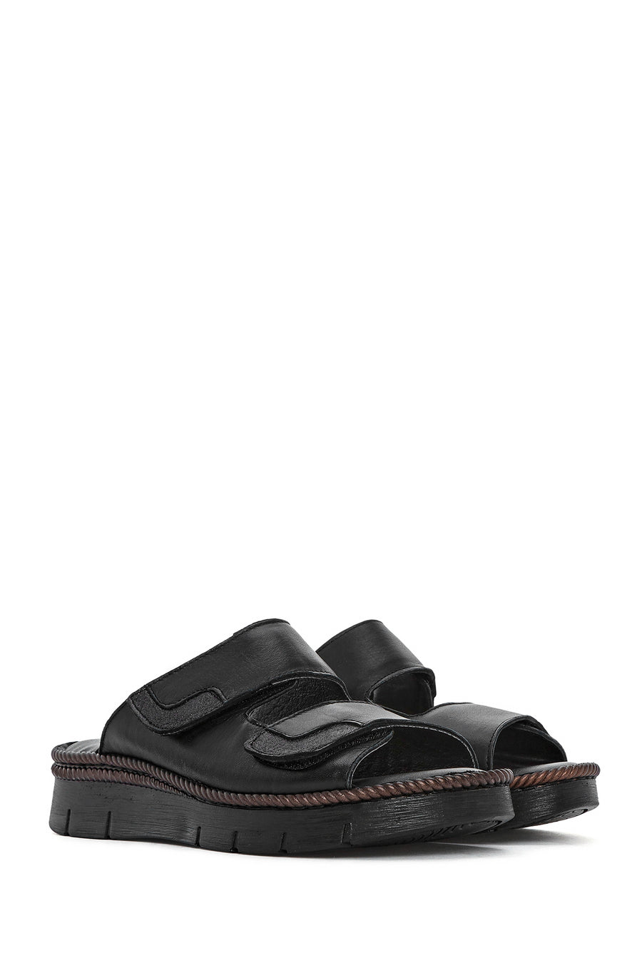 Woman Black Double Banded Leather Comfort Slippers