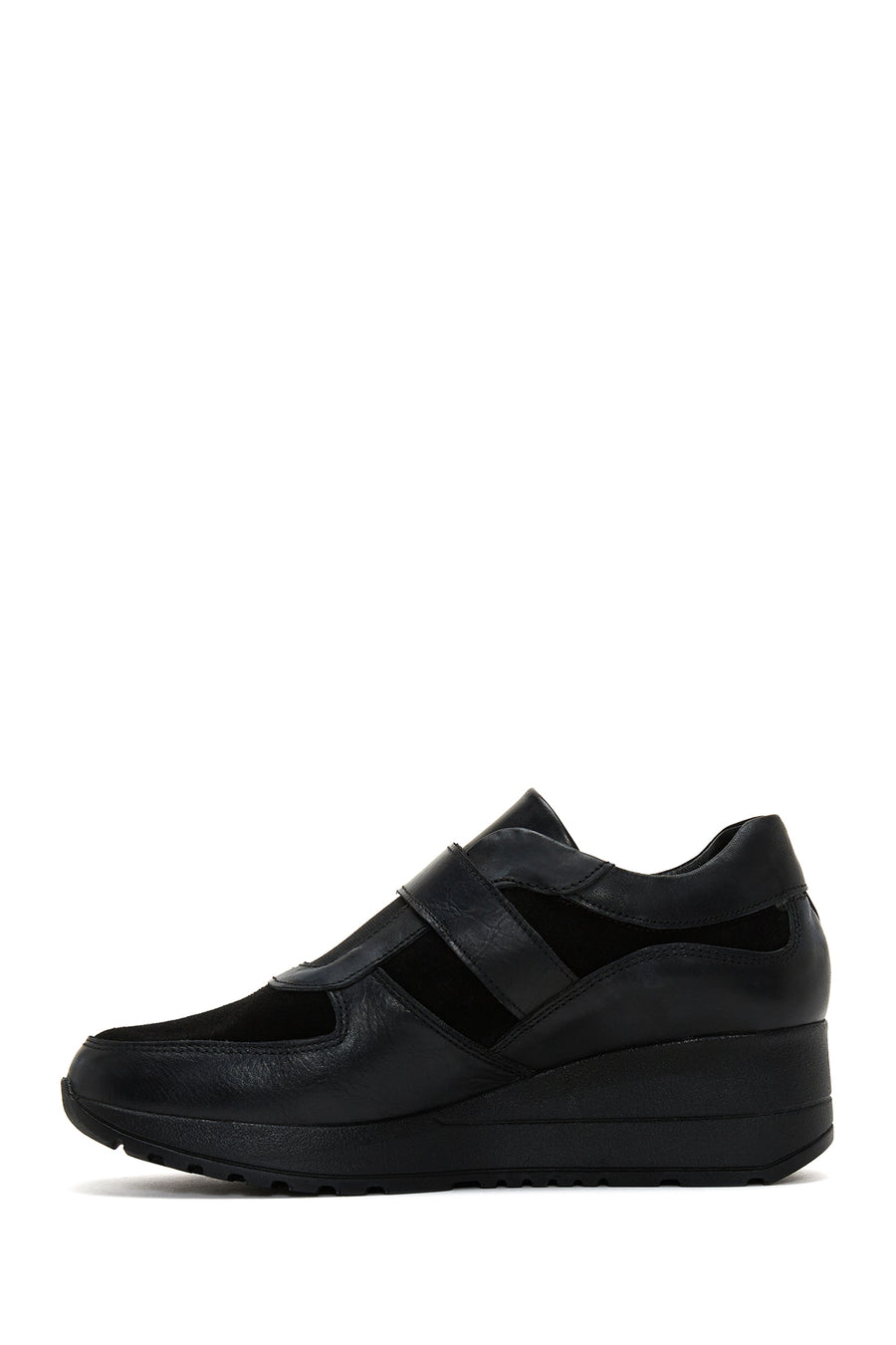 Women's Black Leather Wedge Heeled Shoes