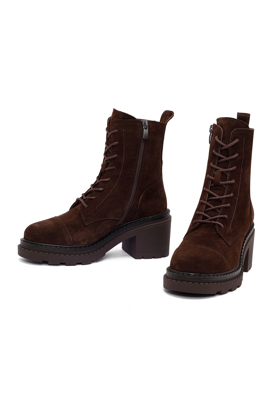 Women's Brown Zippered Thick Heeled Suede Leather Ankle Boots