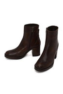 Woman Brown Zip Closure Chunky-Heeled Leather Boots | Derimod