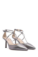 Women's Grey Ankle Strap Thin Heel Metallic Leather Shoes | Derimod