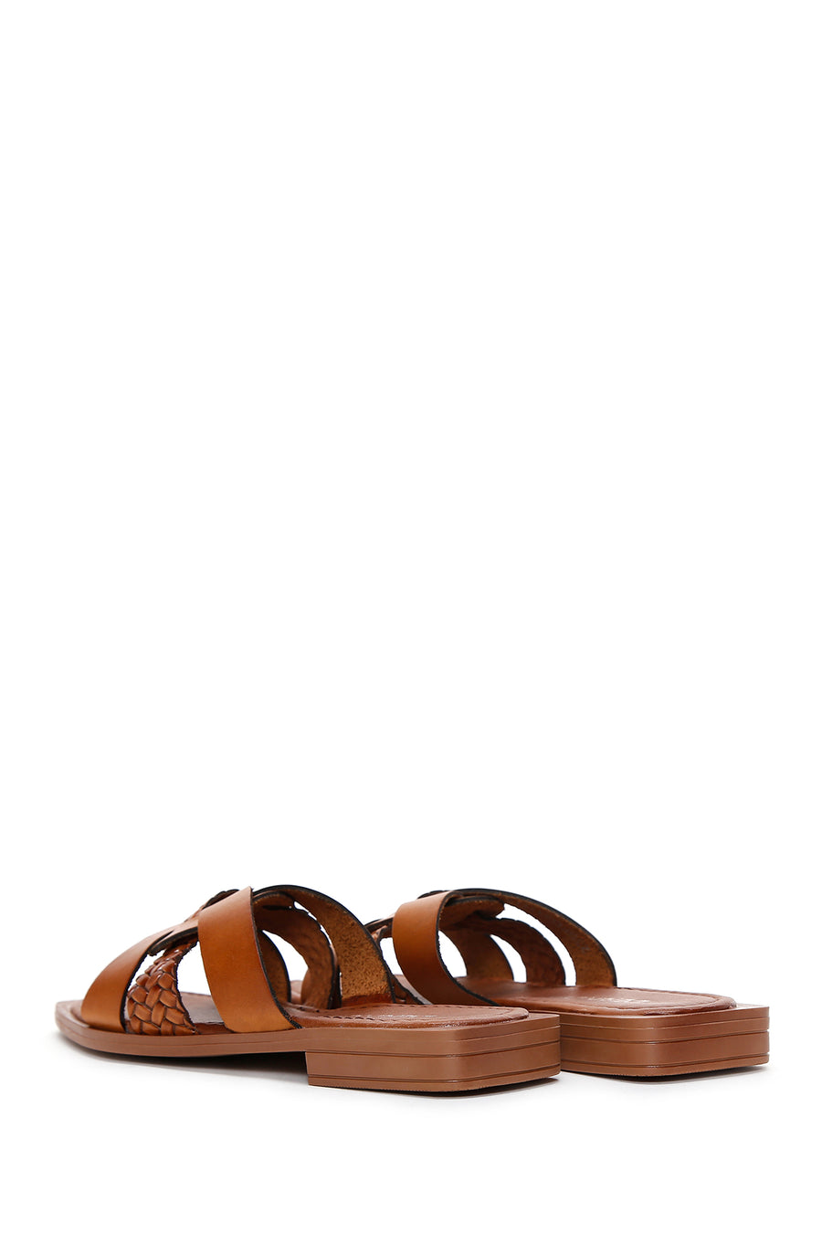 Women's Brown Knitted Detailed Leather Slippers