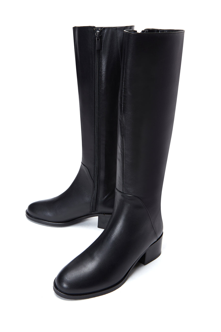 Woman Black Zip Closure Short Thick-Heeled Leather Boot