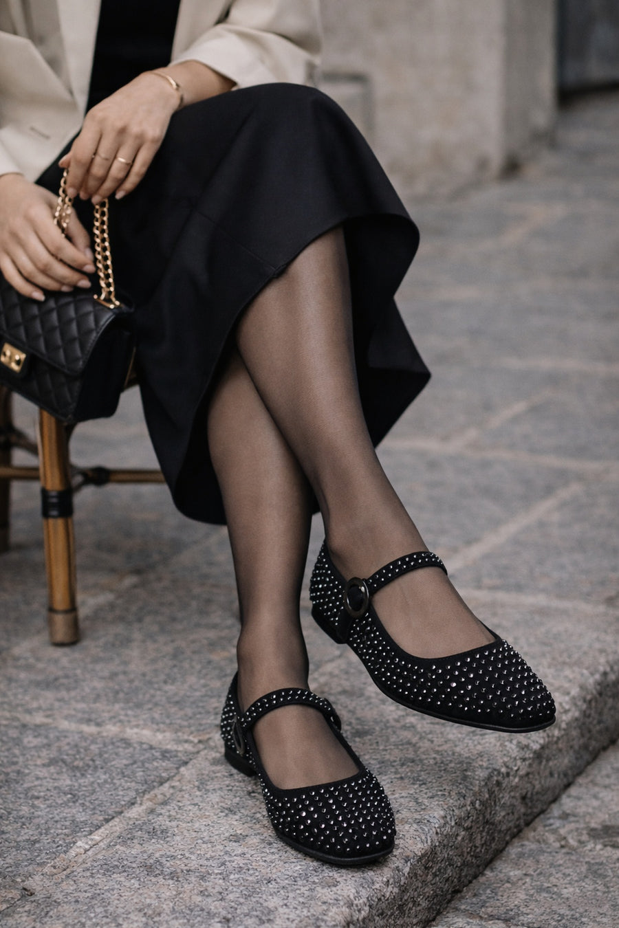 Women's Black Stone Leather Ballerinas