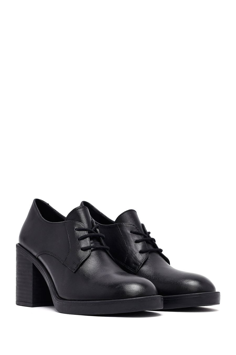 Woman Black Lace-Up Chunky Heeled Leather Masculine Shoes