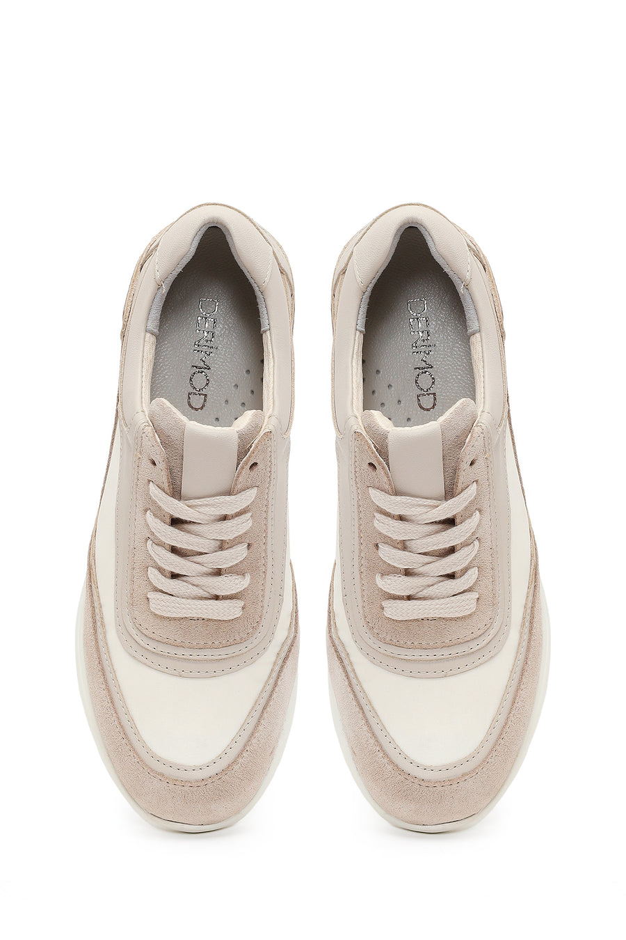 Woman Beige Lace-Up Wedge-Heel Suede Leather Sneaker