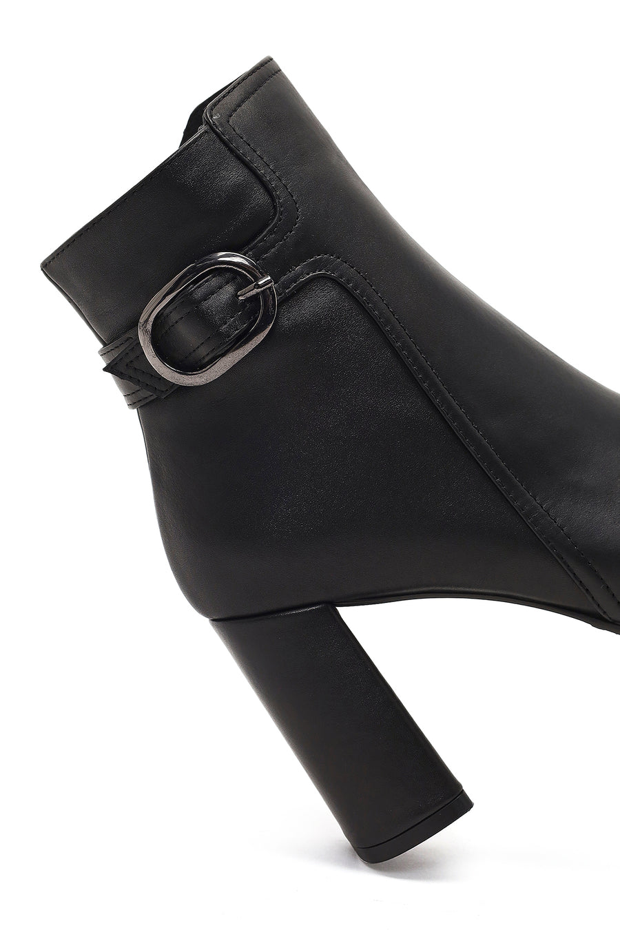 Women's Black Buckled Zippered Thick Heeled Leather Boot