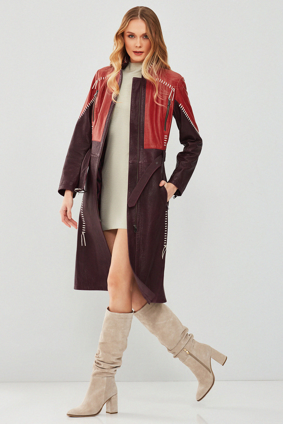 Carmen Women's Burgundy Leather Trench Coat