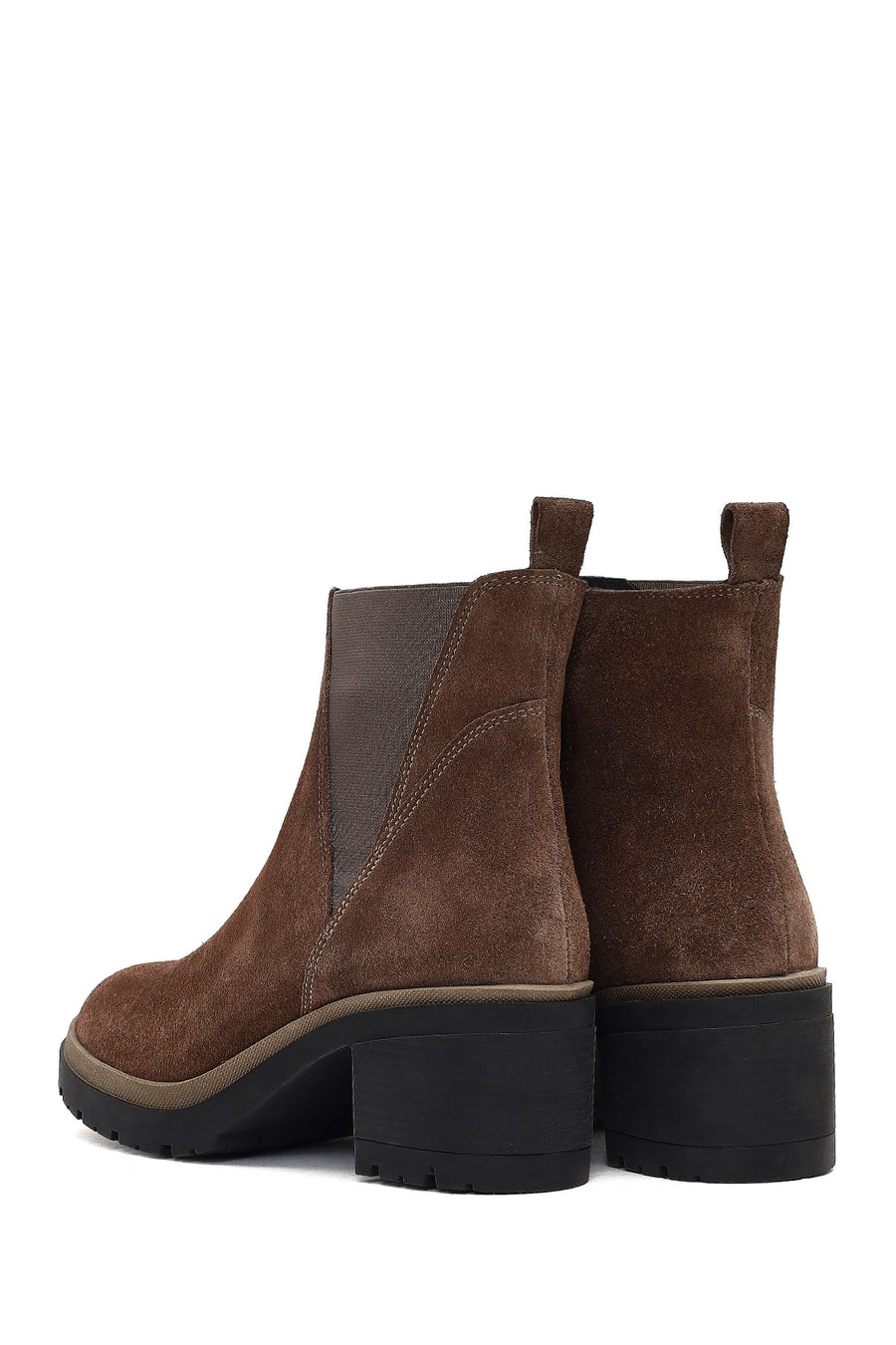 Women's Taupe Zippered Thick Heeled Suede Leather Boot