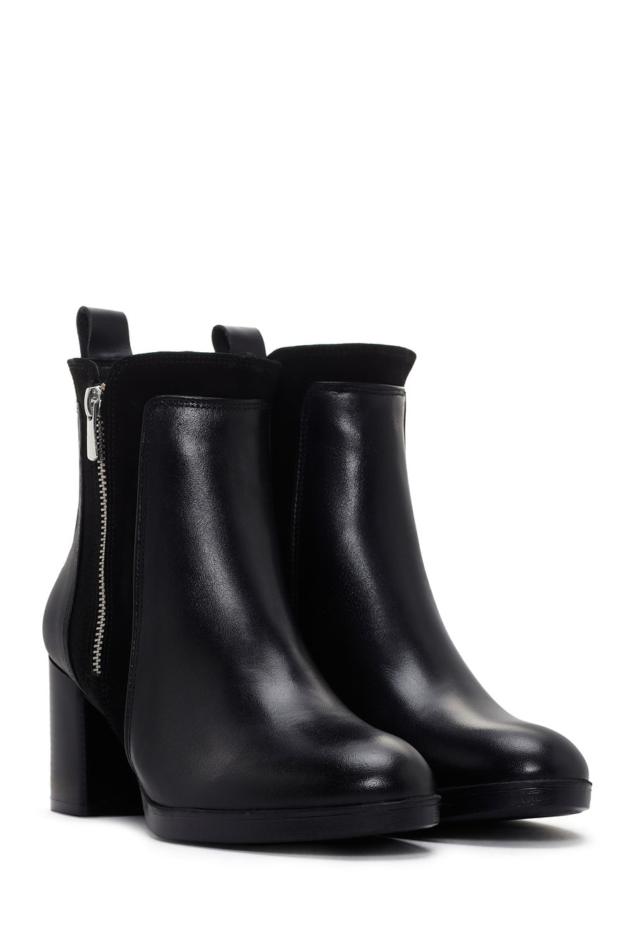 Women's Black Thick Heeled Zippered Leather Boots