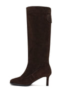 Women's Brown Thin Heeled Suede Leather Boot | Derimod