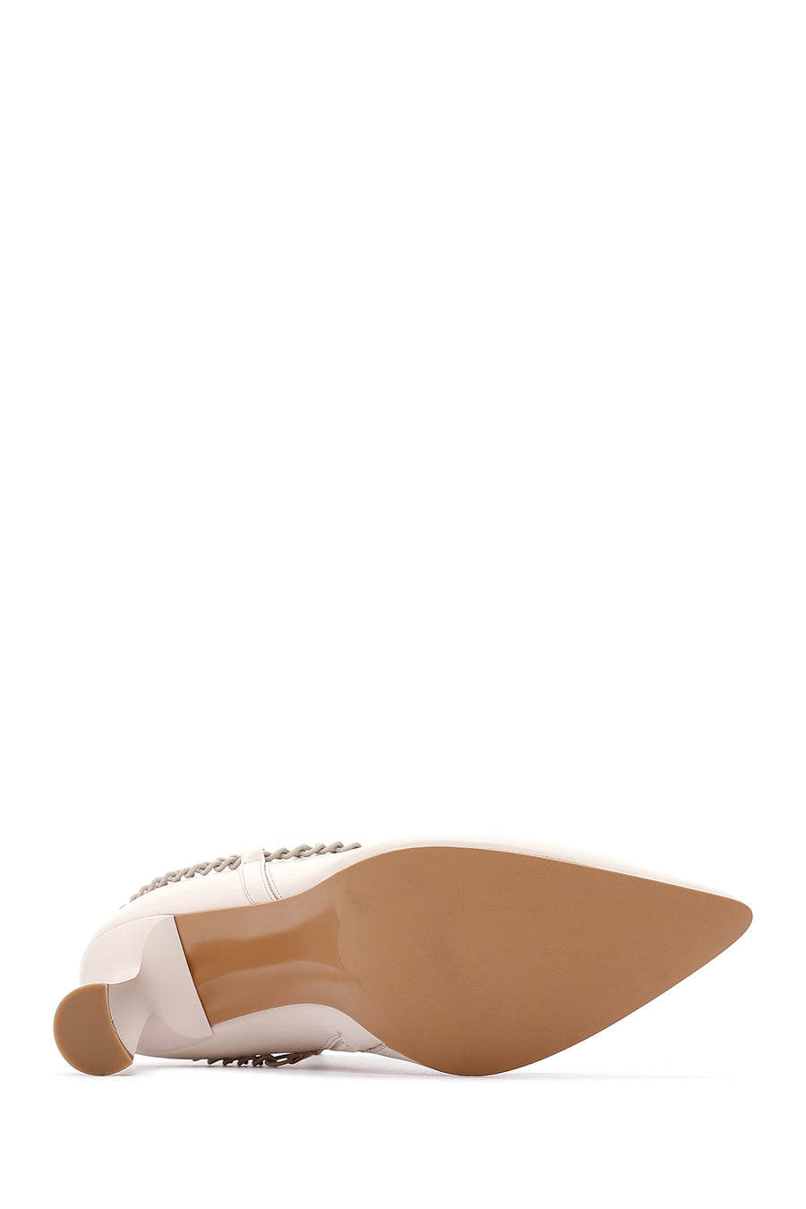 Women's Beige Leather Zippered Chain Heeled Classic Boots