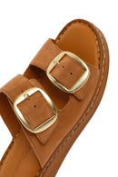Women's Tan Buckle Suede Leather Comfort Slippers | Derimod