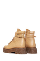 Women's Beige Leather Buckle Thick Soled Boots | Derimod