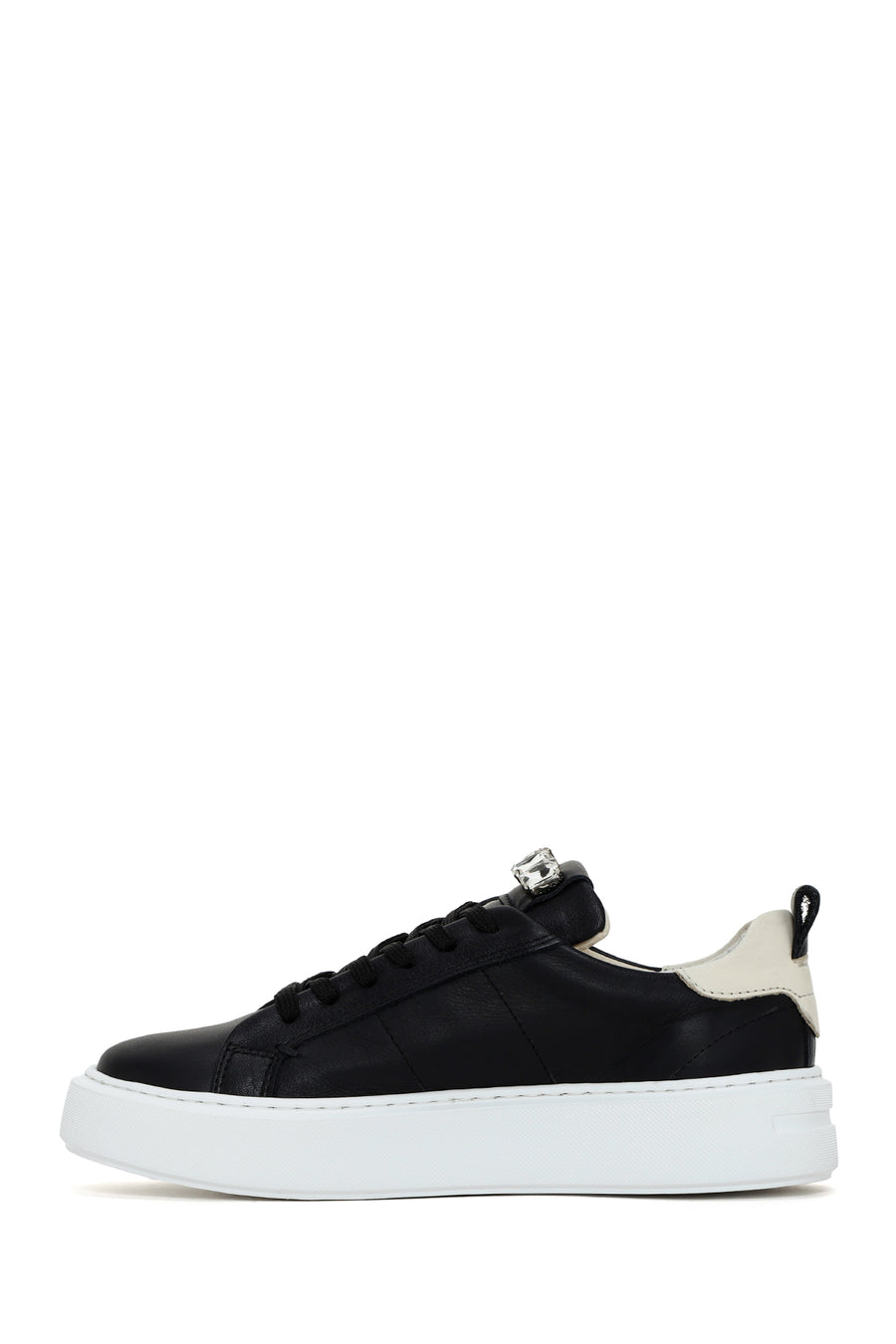Women's Black Lace-up Leather Sneaker with Accessory Detail