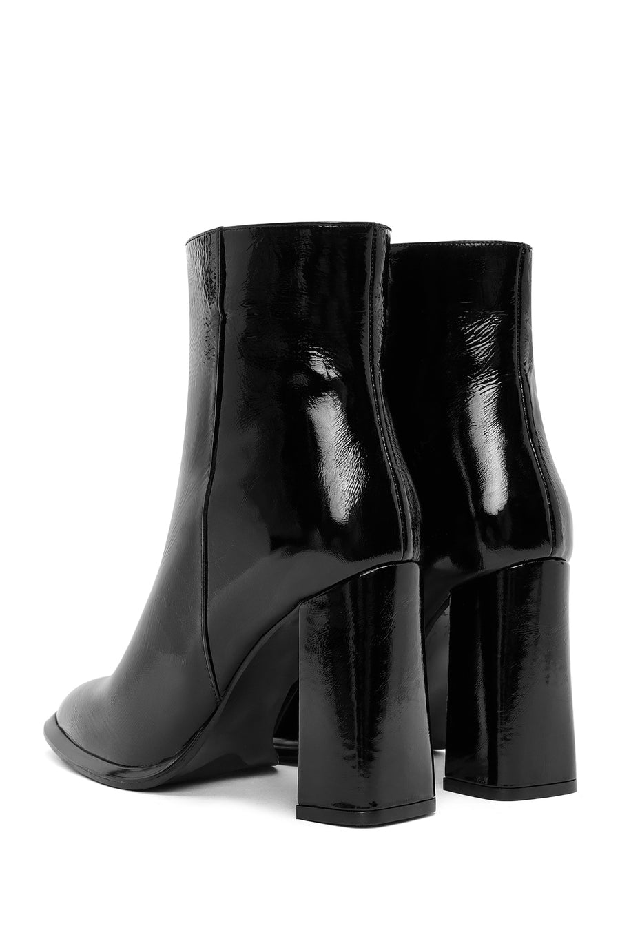 Woman Black Zippered High Thick Heel Patent Leather Leather Boat