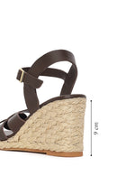 Woman Brown Ankle-Strap Buckled Wedge-Heel Leather Espadrilles Sandal | Derimod