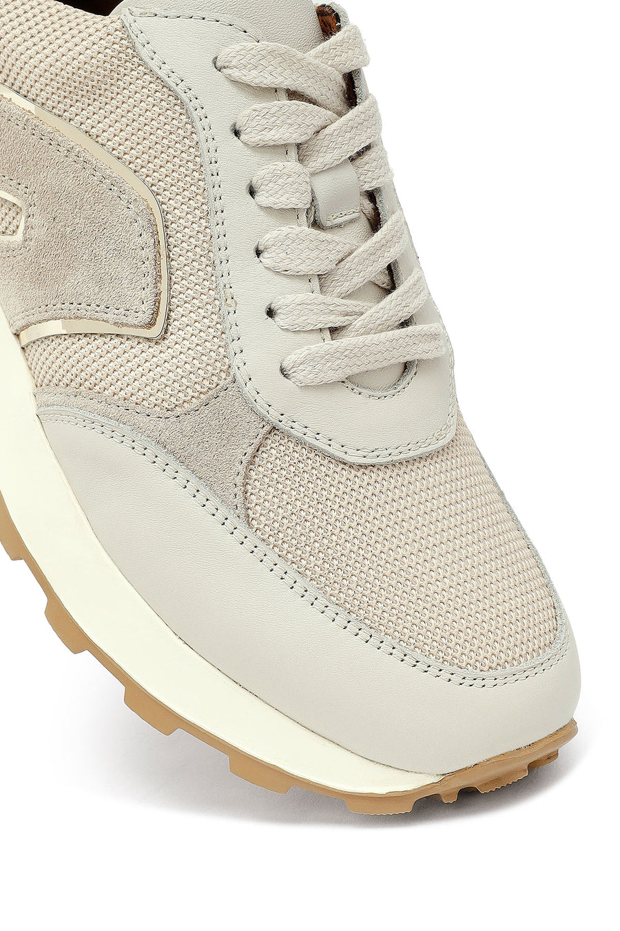 Woman Beige Lace-Up Thick Sole Leather Sneakers