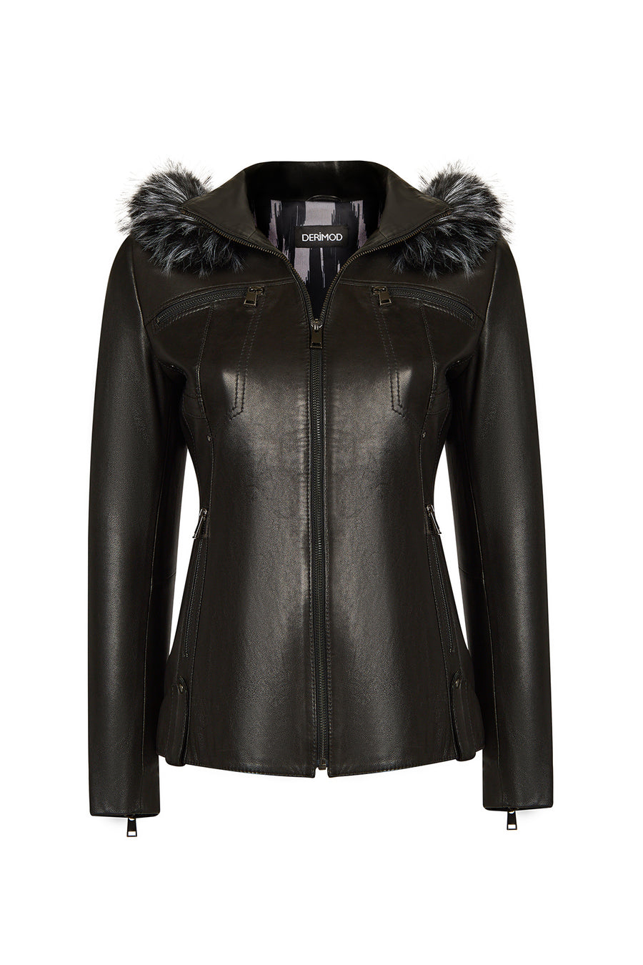 Audrey Woman Black Hooded Fur Leather Coats 26WGD5120VE | Derimod