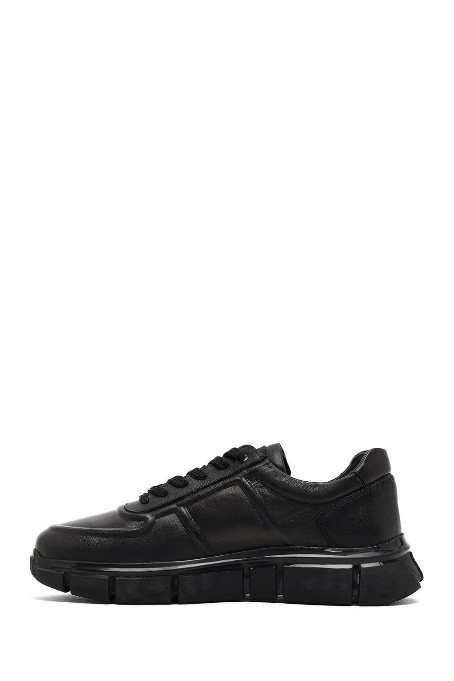 Men's Black Lace-Up Thick-Soled Leather Sneaker