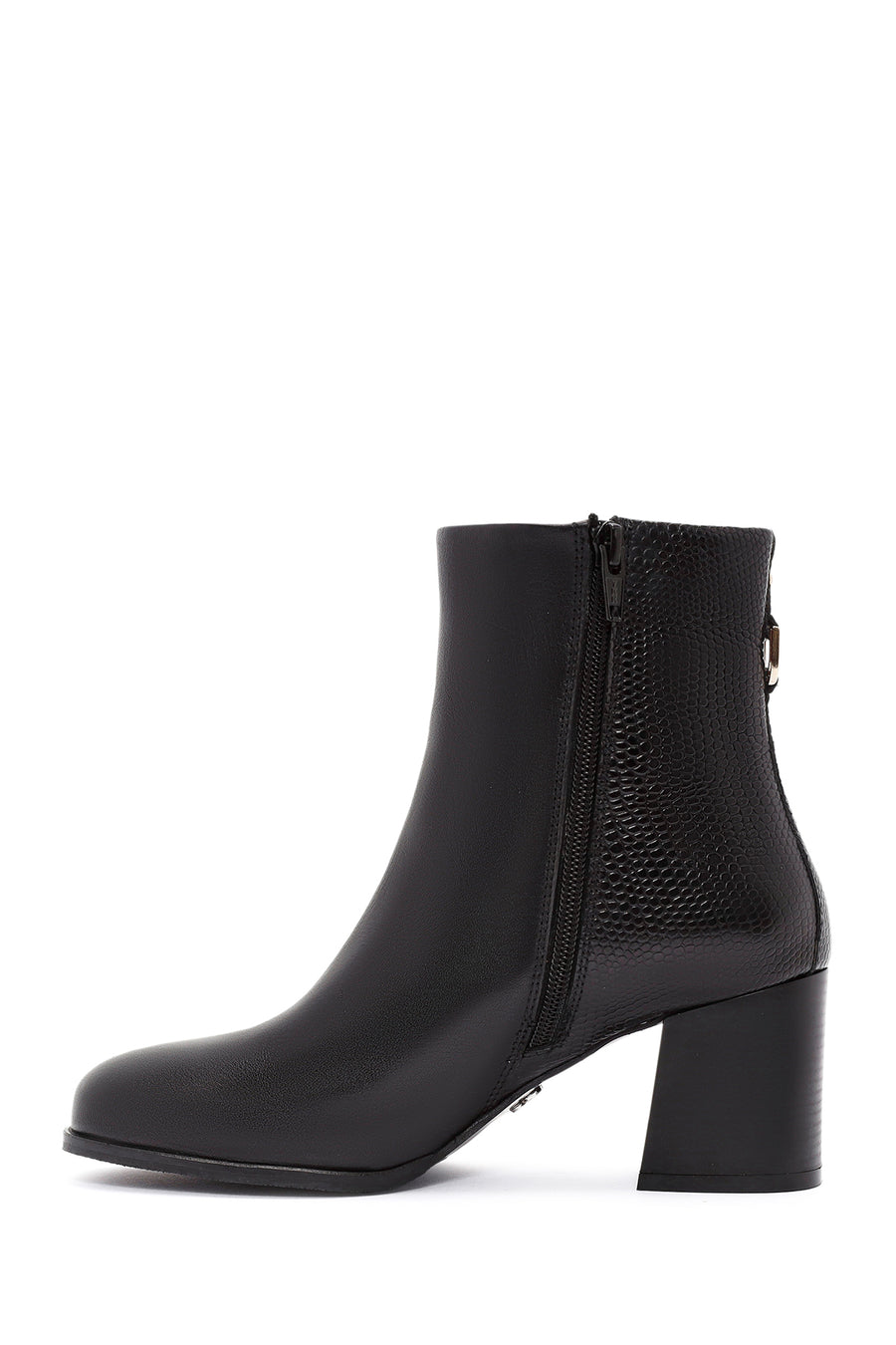 Women's Black Zippered Thick Heeled Leather Boots