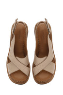 Women's Beige Ankle Buckle Low Heel Leather Sandals | Derimod