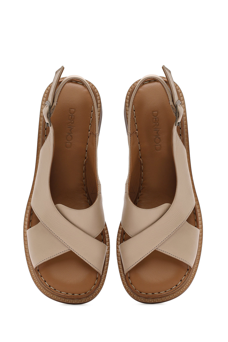 Women's Beige Ankle Buckle Low Heel Leather Sandals
