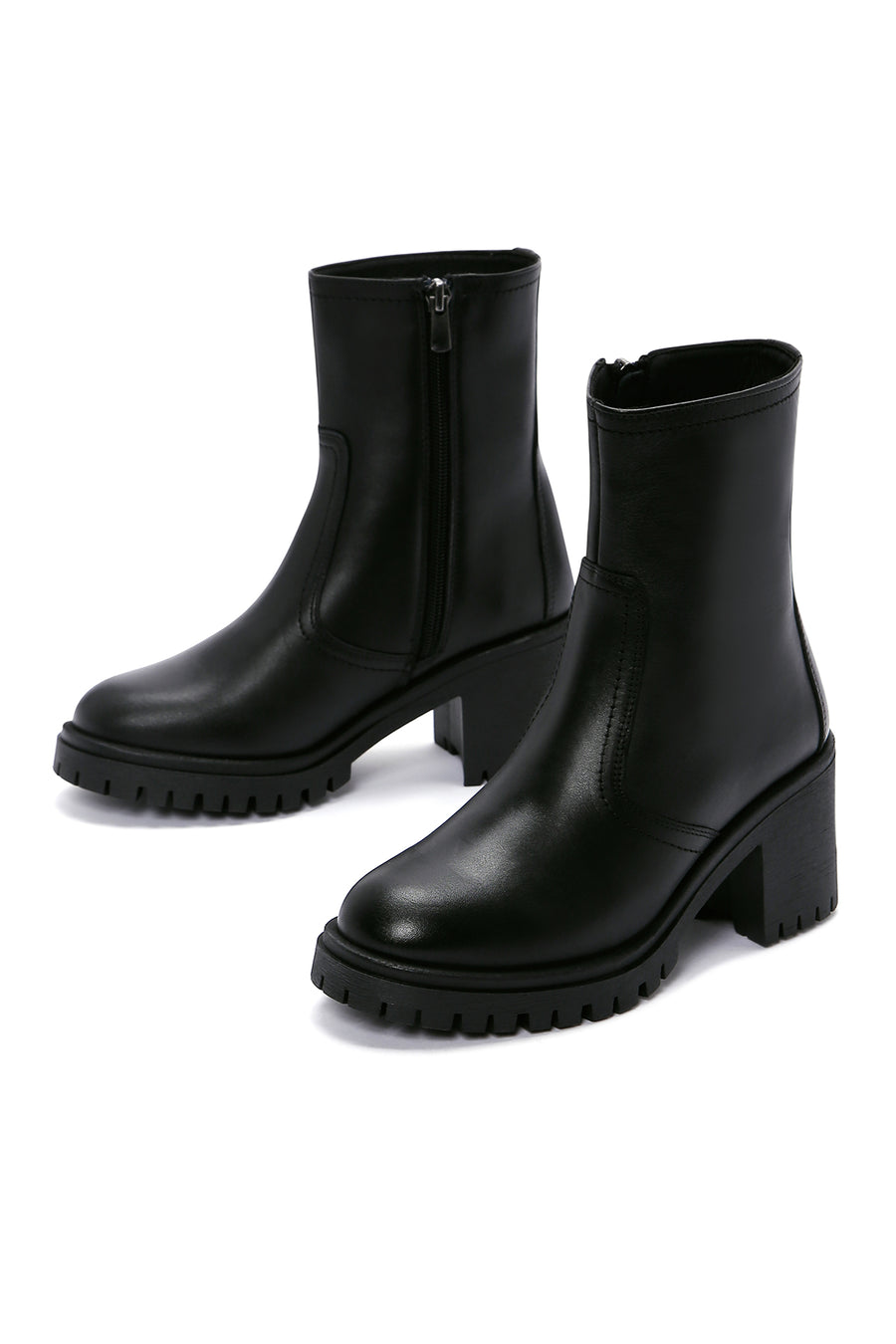Women's Black Zippered Thick Heeled Leather Boots