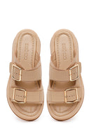 Woman Beige Double-Buckle Thick-Soled Leather Comfort Slippers | Derimod
