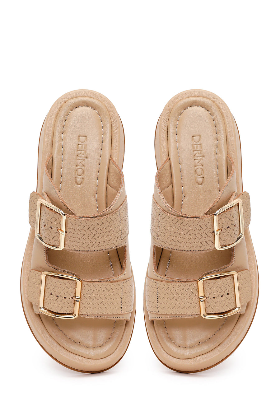 Woman Beige Double-Buckle Thick-Soled Leather Comfort Slippers