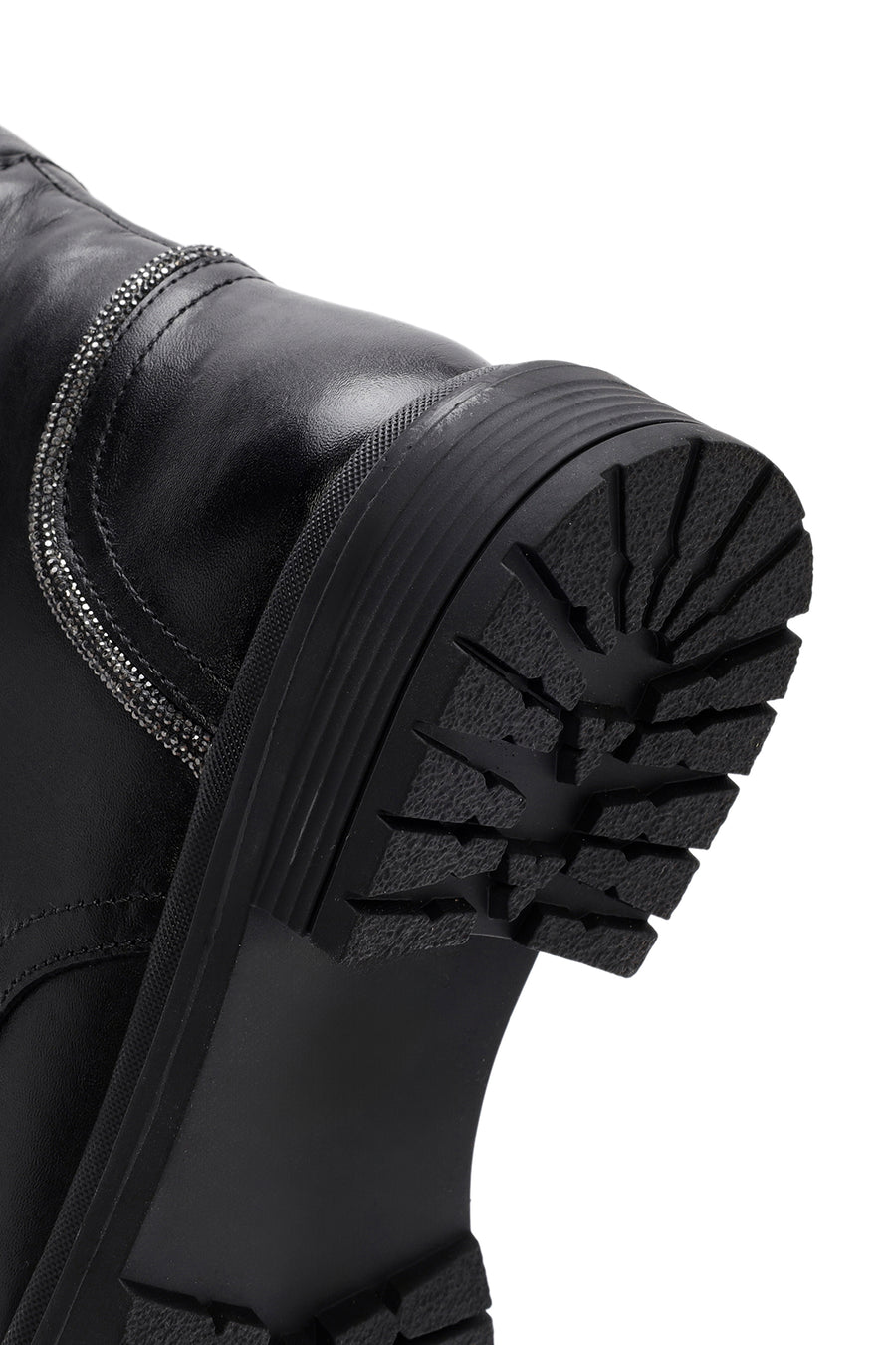 Women's Black Zippered Stoned Leather Combat Boots