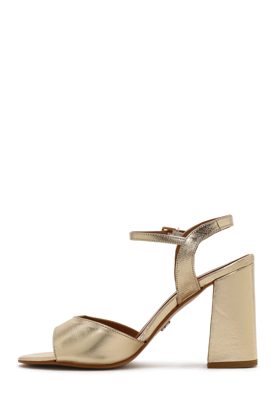 Women's Gold Ankle Buckle Chunky Heel Metallic Leather Sandals