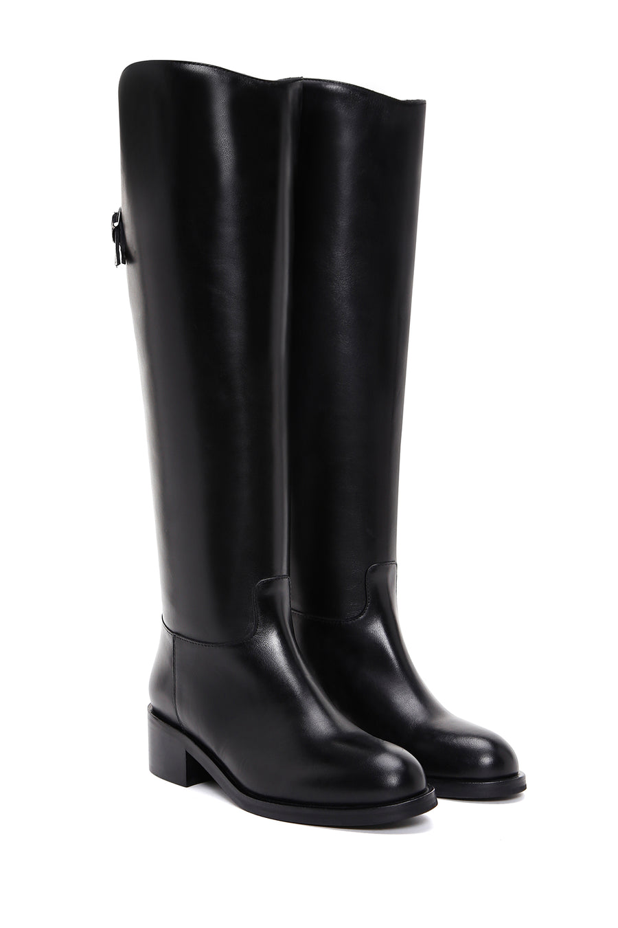 Woman Black Zippered Buckle Detail Leather Boot