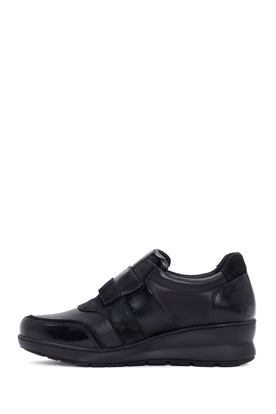 Women's Black Wedge Heeled Leather Comfort Shoes
