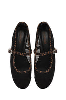Women's Black Leopard Patterned Buckled Mesh Leather Ballerinas | Derimod